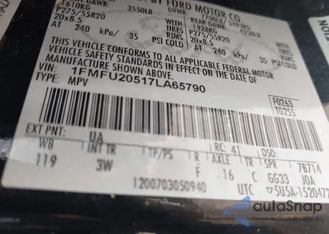 2007 Ford Expedition Limited z USA, uszkodzony, nr VIN 1FMFU20517LA65790